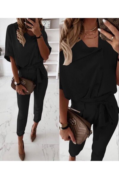 Modayakamoz Women's short sleeve button-down blouse and pants two-piece set