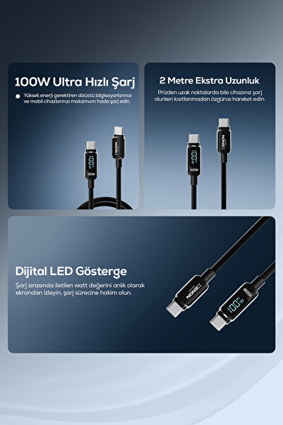 Xenon Smart Type-C to Type-C Hızlı Şarj Kablosu | 100W PD, 2m, 480Mbps, Led Gösterge, Örgü (X6429)