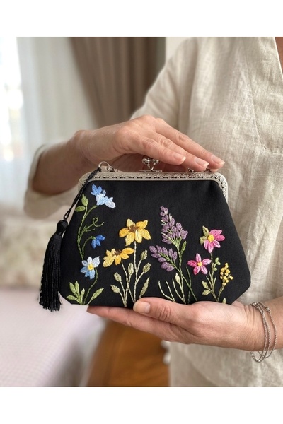 Home Siyah Keten El Nakışlı Vintage Tarzı Çanta. Astar Ve Zincir Detaylı. Nak...