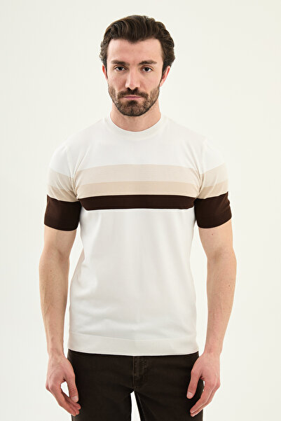 Mcr Striped Slim Fit Crew Neck Men's Knitwear T-Shirt Ecru - 11589.26Y