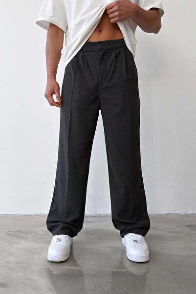 Flaw Wear بنطلون من القماش المطوي ذو تصميم فضفاض بلون أنثراسايت