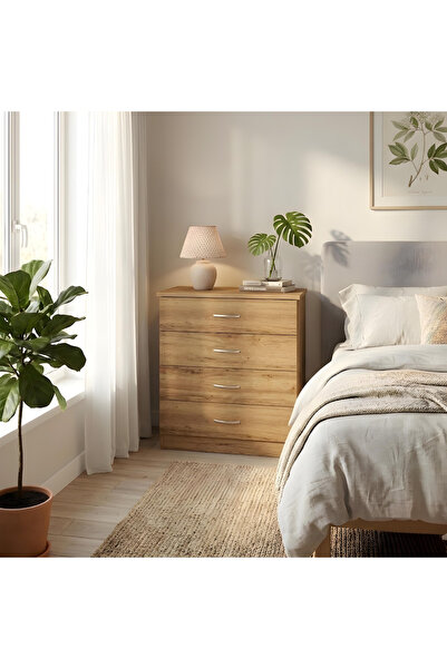 Ysf Ravoni Home Premium %100 MDF 4 Çekmeceli Şifonyer - 80 cm Modern Meşe Tas...