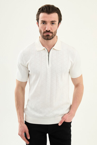 Mcr Patterned Slim Fit Polo Collar Zippered Men's Knitwear T-Shirt Ecru - 115...