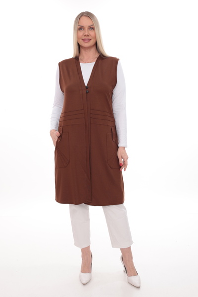 İKSUN Women's Long Pocketed Vest with Buttons Seasonal Crystal Mother Viscose...