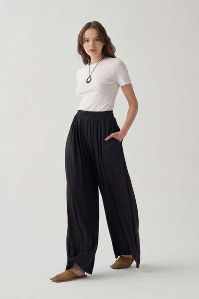 ALLDAY Pantaloni negri cu talie elastică cu picioare largi