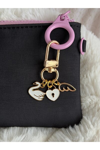 WhimsyWhite Minimal Keychain with Swan, Heart, and Wing Figures - Design Gold...