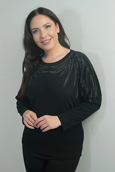 LipLipo Kadın Taşlı Kanat Model Likralı Çilek Büyük Beden Bluz
