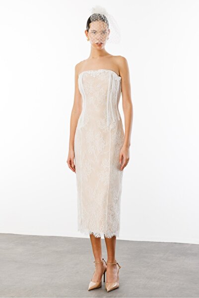 Nefeli Dantel Bel Korse Detaylı Straplez Nikah Elbisesi BEYAZ