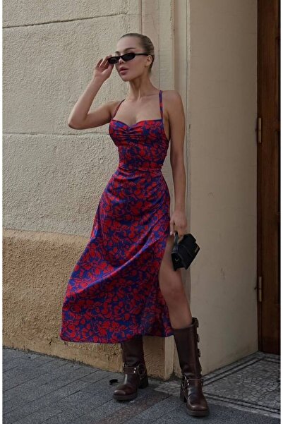 Elia Swimwear Amielle Red and Blue Floral Print Satin Midi Dress