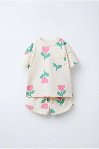 Magu Girl's Cotton Ecru Floral Patterned T-Shirt Shorts Set - with Pockets