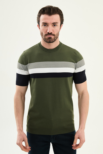 Mcr Striped Slim Fit Crew Neck Men's Knitwear T-Shirt Khaki - 11589.26Y