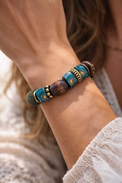 cleopatra takı aksesuar سوار لونا أزول النسائي المطاطي من الخشب والحجر الطبيعي