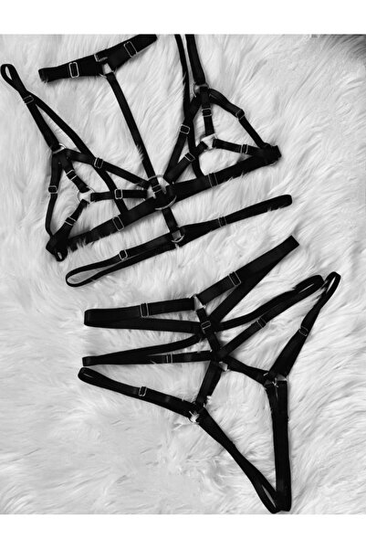 Sandrada SD Set lenjerie tip harness din satin negru – curele reglabile, desi...