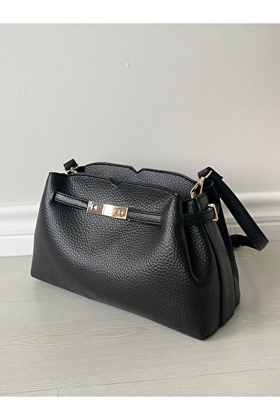 nura Μαύρη δερμάτινη τσάντα ώμου με κλειδαριά