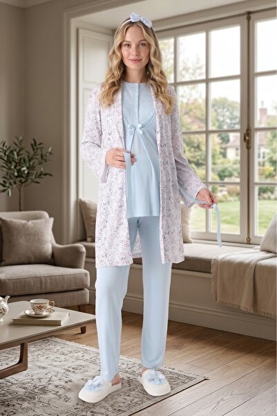 Lohussa New Season Blue Summer Shawl Collar Patterned Breastfeeding Short Sle...