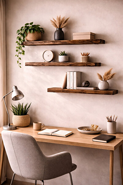 maison linden 3'lü Uçan Raf 70 cm Masif Ahşap Duvar Rafı Eskitme Doğal Dekora...