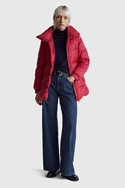 United Colors of Benetton Palton lung cu pene de puf fucsia, cu fermoar și bu...