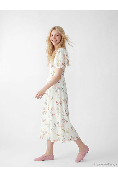 LC Waikiki XSIDE Ροζ Φλοράλ Με εφαρμογή στη μέση Λινό Φόρεμα με συνδυασμό υφα...