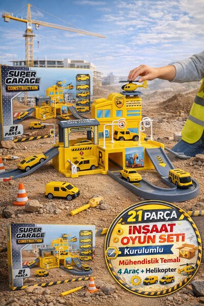TOYFEST İnşaat Garaj Oyuncak Seti 21 Parça Araçlı Helikopterli Rampalı Otopar...