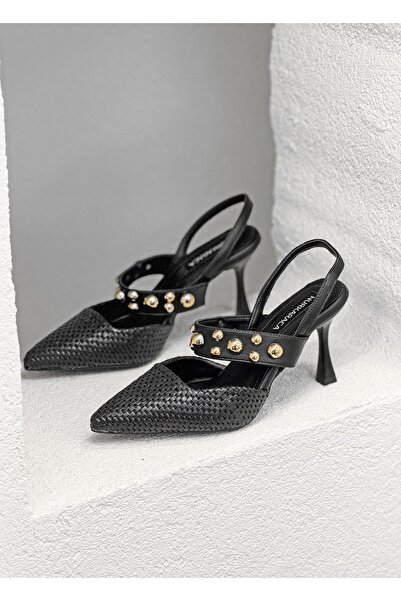 NUR KARACA 1133 Y-870 Wicker-Detail Open Back 9cm Thin Heel Stiletto Shoes fo...