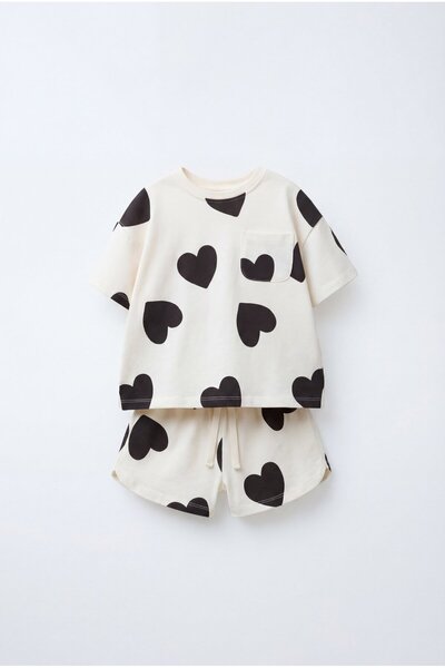 Magu Girl's Cotton Heart Patterned T-Shirt Shorts Set - with Pockets