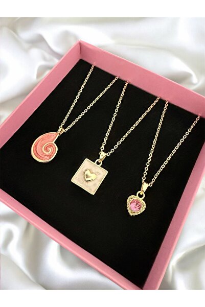 Madam Bikan Gold Renk 3 Lü beyaz kalp pembe deniz kabuğu kalp Kombin Set Kolye