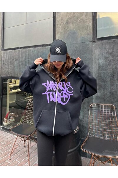yesmoda Oversize Zip-Up Graffiti Hoodie - Full Face Zip Purple