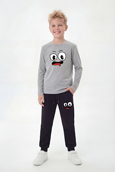 YA KO KİDS Round Neck Sweatshirt Sweatpants Printed Boys' Top and Bottom Set