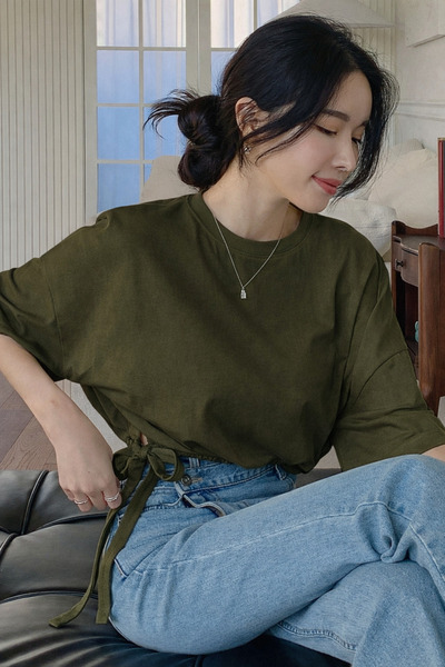 Tarz Cool Women's Oversize Basic Khaki T-Shirt with Side Ties, Comfortable Cu...