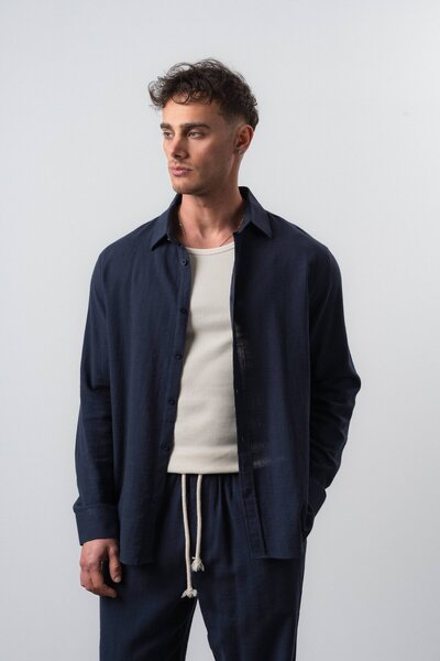 Respire Men's R Embroidered Long Sleeve Oversize Shirt Navy Blue