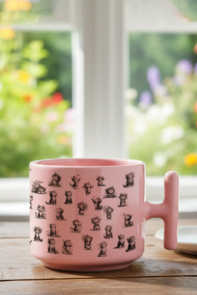 qoeuyl boutique Cheerful Cats Printed Fun Gift t Mug with Handle Pink Latte Cup