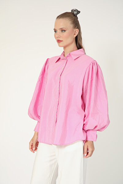 Suede Style 8199 - Stylish Comfortable Peach Balloon Sleeve Shirt