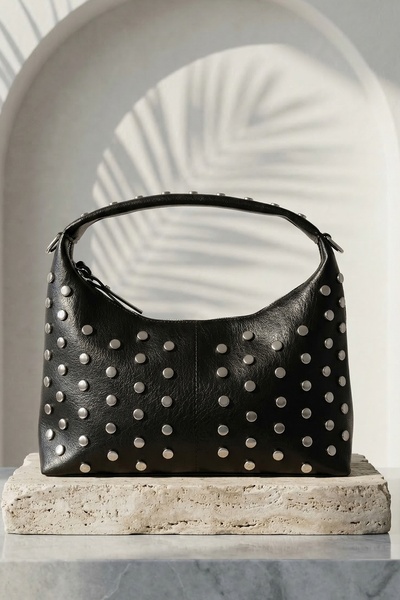 InStyle Black Women's Hand and Shoulder Bag with Staple Detail