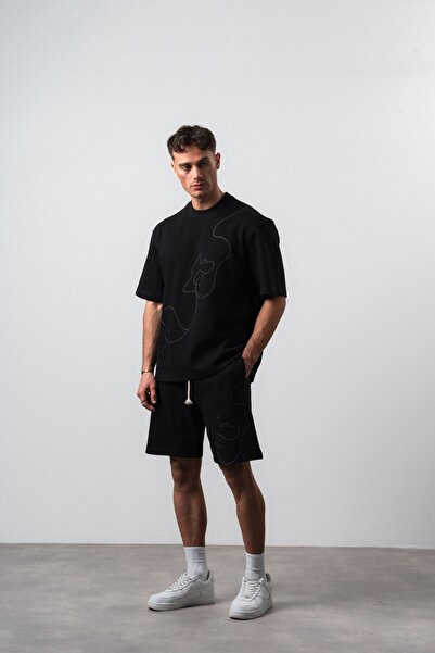 Respire Ανδρικό Σετ Σορτς και Μπλουζάκι με Κέντημα, Κανονική Εφαρμογή, Μαύρο