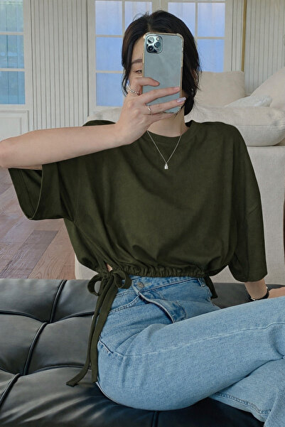 BLUE STREET Women's Basic Oversize Khaki T-Shirt with Side Ties, Comfortable ...