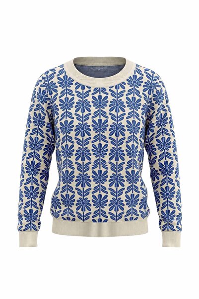 On Fashion Women's Crew Neck Floral Patterned Short Sweater - Saks Blue