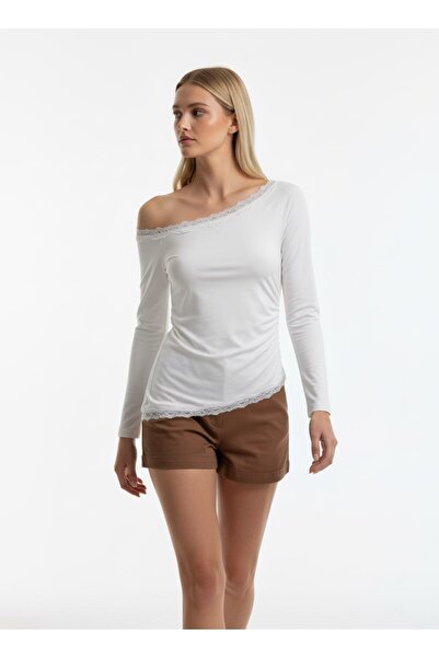 Noi Belis Boat Neck Lace Detailed Knitted Blouse Ss26Bz0087