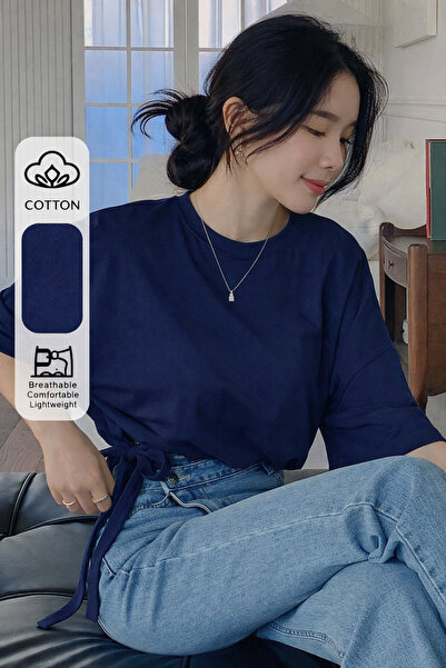 Tarz Cool Women's Oversize Basic Navy Blue T-Shirt with Side Ties, Comfortabl...