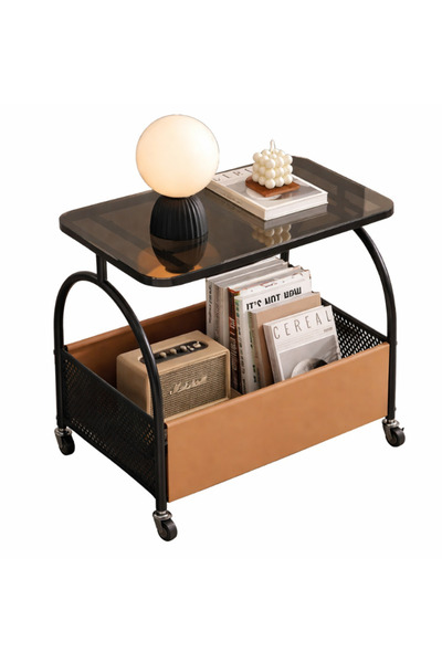 OEM Portable table with storage compartment, glass top, metal frame, 56 x 55 ...