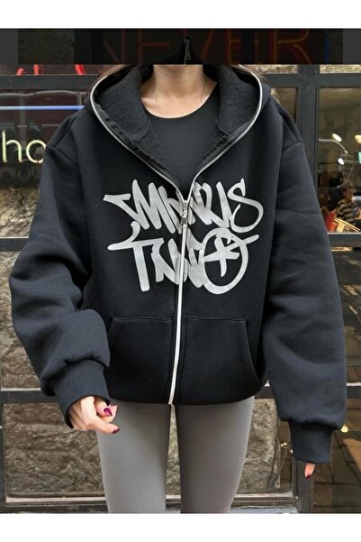 yesmoda Oversize Zip-Up Graffiti Hoodie - Full Face Zip Purple