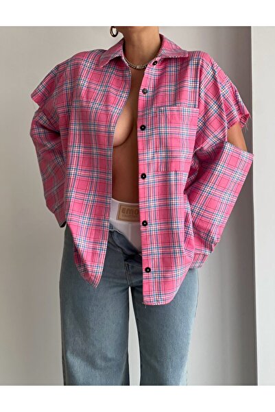 Elia Swimwear Women's Checkered Cotton Oversize Long Sleeve Shirt Pink Adria