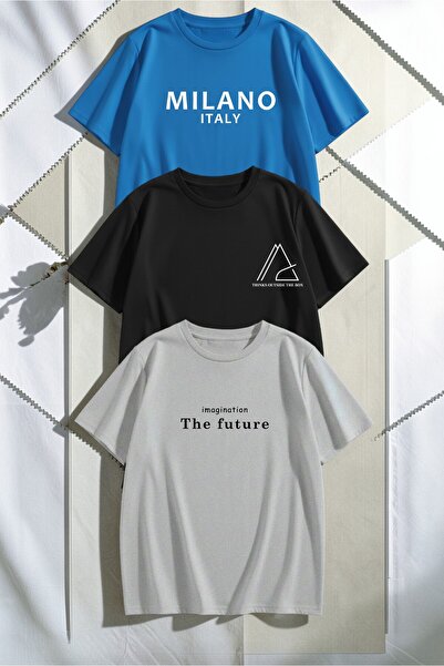 uyguntarz Unisex Blue Black Gray 3-Piece Design T-Shirt Set