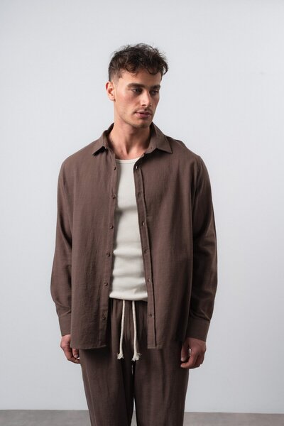 Respire Men's R Embroidered Long Sleeve Oversize Shirt Brown