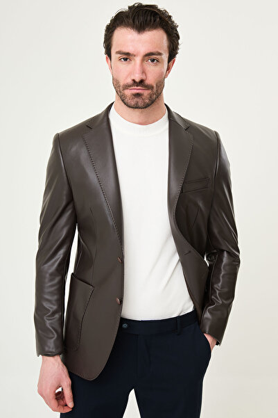 Mcr Ανδρικό δερμάτινο μπουφάν με επίπεδη εφαρμογή και τσέπες, καφέ - 41415.24K