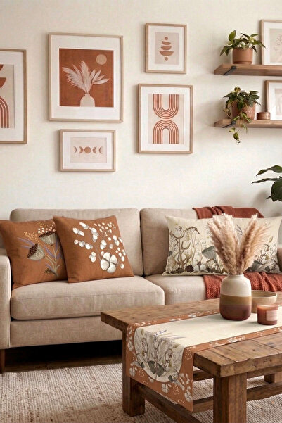 Cango Home Botanik Bohem Desenli 4'lü Kırlent Kılıfı 1 Runner Seti 4kmbs366-RS