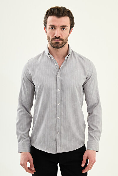 Mcr Striped Slim Fit Stand Collar Long Sleeve Men's Shirt Gray - 27144.26Y