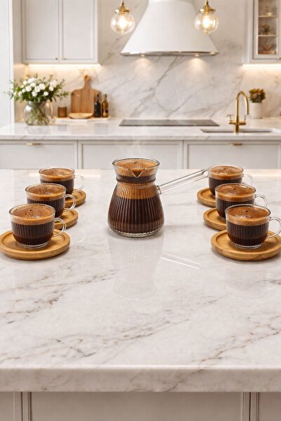 ENYAZA(2024) 7'Li Cam Türk Kahvesi Seti – Isıya Dayanıklı Borosilikat Cezve v...