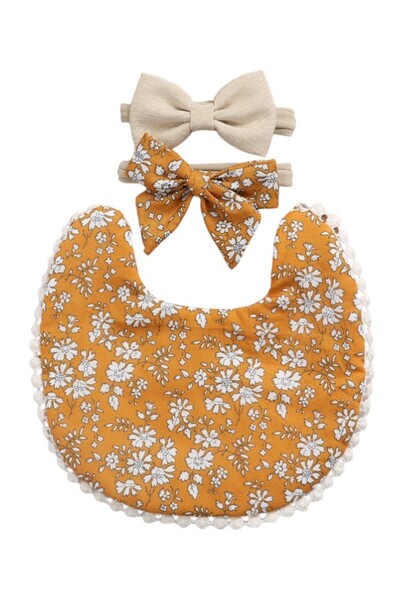 Bambimici -Angelica Baby Bib and Headband - Floral Mustard Yellow- 0Y to 4Y