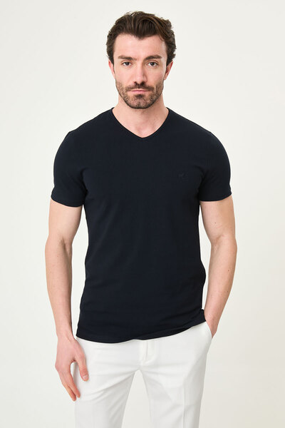 Mcr Plain Super Slim Fit V-Neck Basic Men's T-Shirt Dark Navy - 36361.17Y