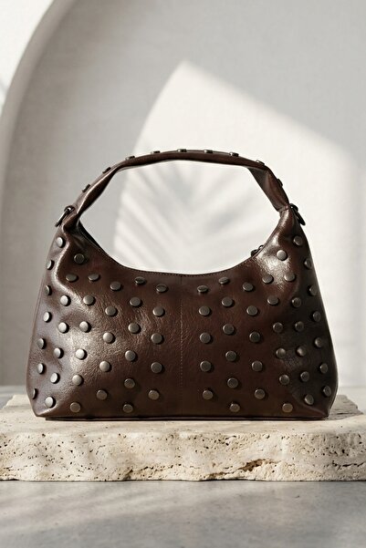 InStyle Brown Women's Hand and Shoulder Bag with Staple Detail